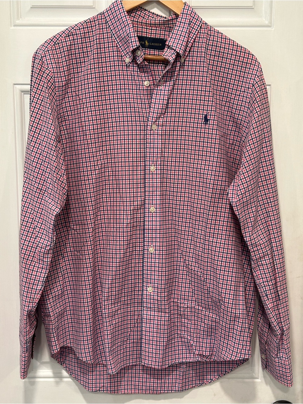 Polo Ralph Lauren 100% Cotton Button Down Shirt Blue Pink Plaid Preppy Coastal L